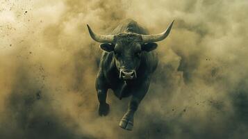 A powerful charging bull surrounded by a cloud of dust. photo