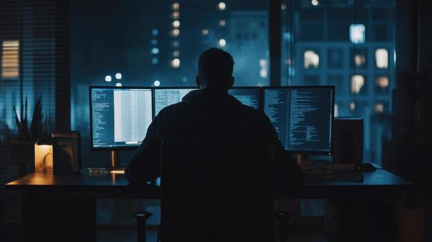 un hombre sentado a un escritorio con dos computadora pantallas foto