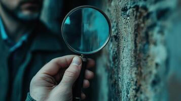 A man holding a magnifying glass over a wall photo