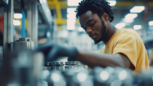 Skilled Factory Worker Assembling Industrial Components for a High-Quality Product photo