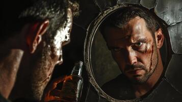 A man is looking at himself in the mirror photo