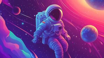 An astronaut floating in space with planets and stars photo