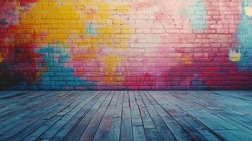 An empty room with a colorful wall and wooden floor photo