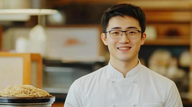 A young man in glasses standing in front of a bowl of noodles photo