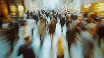 Blurred image of people walking down a busy street photo