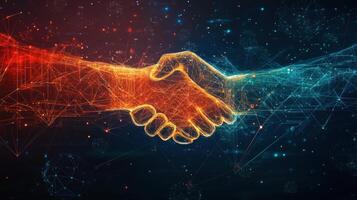 Two hands shaking over a networked background photo