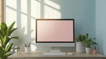 A computer monitor on a desk with a plant photo