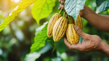 Cocoa beans in hand of farmer photo