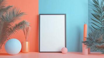3d render of a blank frame on a colorful wall photo