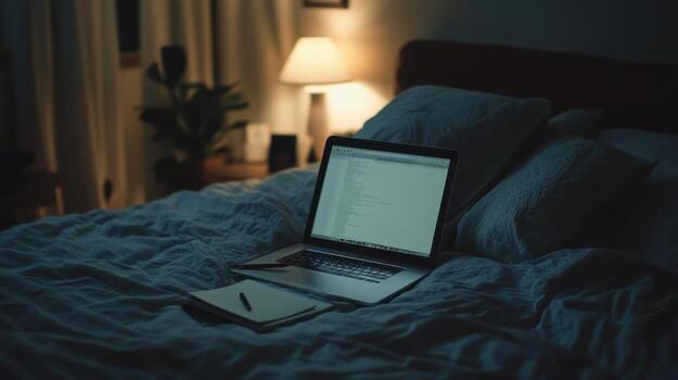 A laptop is sitting on a bed with a lamp photo