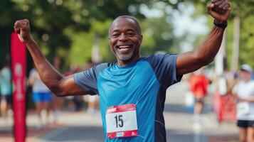 A man is celebrating after a marathon photo