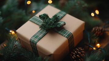 Wrapped Gift with Green Plaid Ribbon and Pine Branch photo