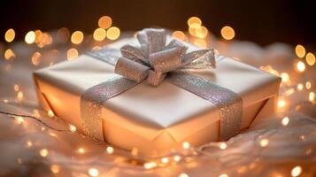 White Gift Box with Silver Bow and Warm String Lights photo