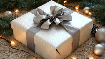 A White Gift Box with a Silver Bow and a String of Lights photo