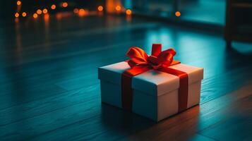 A White Gift Box with a Red Bow on a Wooden Floor photo