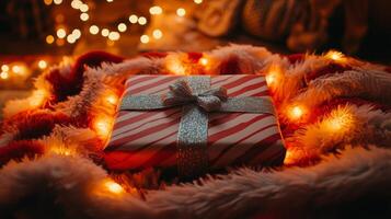 Gift Box with Silver Bow on Faux Fur with String Lights photo