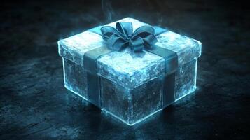 A Glowing, Ice-Encased Gift Box with a Blue Bow photo