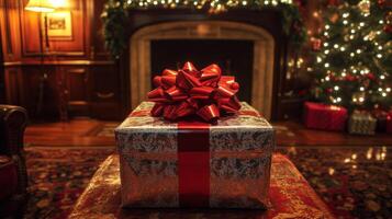 A Red Ribboned Gift Box Under a Christmas Tree photo