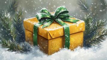 A Golden Gift Box Wrapped with a Green Bow Lying in the Snow photo