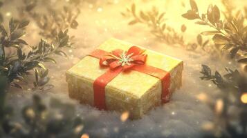 A Golden Gift Box with Red Ribbon and Snowflake Decoration Resting in Snow and Surrounded by Green Foliage photo