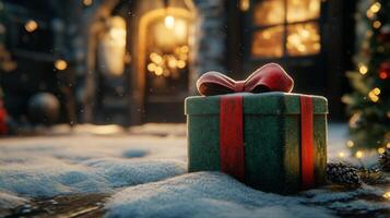 A Green Gift Box With a Red Bow Rests in the Snow Near a Christmas Tree photo