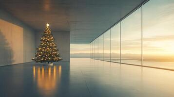 Decorated Christmas Tree in a Modern Building with a View photo