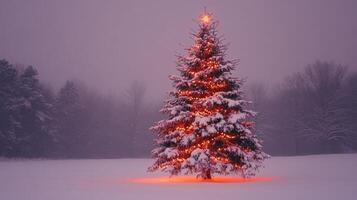 A Single Lit Christmas Tree in a Snowy Field at Dusk photo