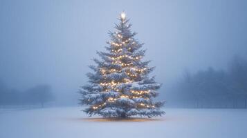 A Snowy Christmas Tree Glowing in the Fog photo