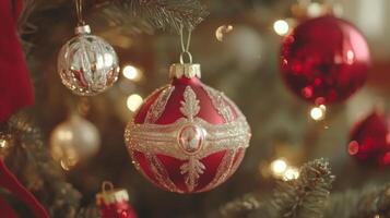 A Red Christmas Ornament With Silver Glitter Accents Hanging on a Christmas Tree photo