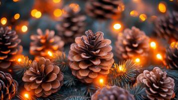 Close-up of Pine Cones Illuminated by Warm String Lights photo