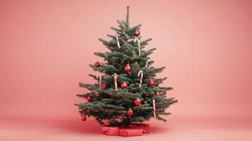 Decorated Christmas Tree with Candy Canes and Red Ornaments on Pink Background photo