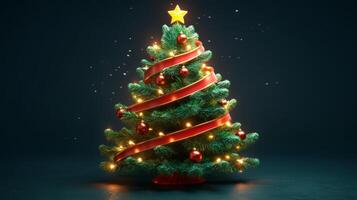 Illuminated Christmas Tree with Red Ribbon and Ornaments photo