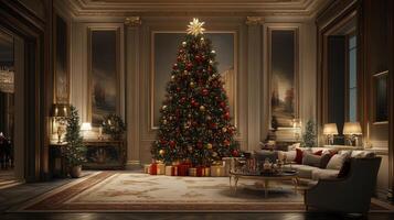 A Luxuriously Decorated Room with a Christmas Tree, Presents, and Ornate Furniture photo