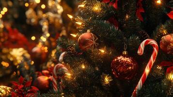 Close-up of a Christmas tree with ornaments, candy canes, and lights photo