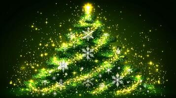 A Glittering Green Christmas Tree with Golden Lights and Snowflakes photo