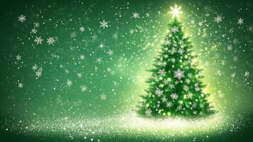A Glowing Christmas Tree with Falling Snowflakes on a Green Background photo