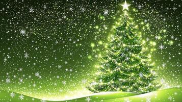 Illuminated Christmas Tree with Falling Snowflakes on a Green Background photo