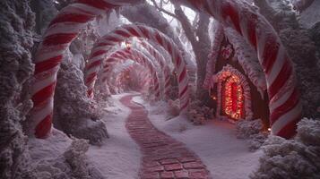 A Snowy Pathway Lined with Candy Cane Trees Leading to a Gingerbread House photo