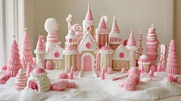 Elaborate Pink Gingerbread Castle with Candy Canes and Snow photo
