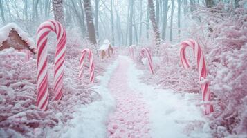 A Snowy Path Lined with Candy Canes and Gingerbread Houses in a Winter Wonderland photo