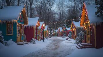 Festive Cottage Row Illuminated in Winter Wonderland photo