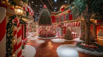 Festive Christmas Village Display with Candy Cane Pillars and Snow photo