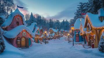 A Snowy Christmas Village with Candy Cane Decor and Lights photo