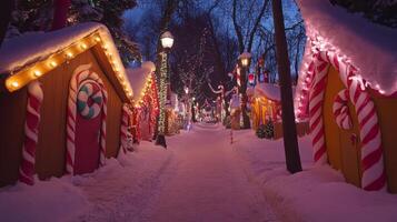 A Snowy Pathway Lined with Candy Cane Decorated Christmas Houses photo
