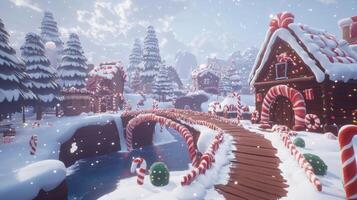 A whimsical winter village with candy cane details and gingerbread houses. photo