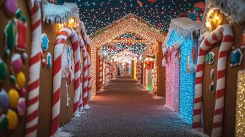 Festive Gingerbread Houses Lined With Candy Canes and Lights photo