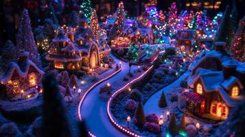 Miniature Christmas Village with Snow-Covered Houses and Twinkling Lights photo
