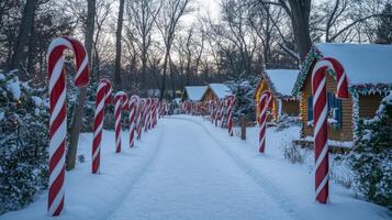 Snowy Path Lined with Candy Cane Decorations Leading to Christmas Cottages photo