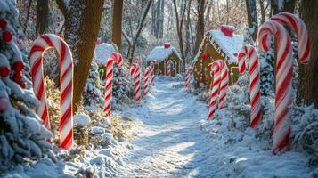 A snowy path lined with candy canes and gingerbread houses. photo