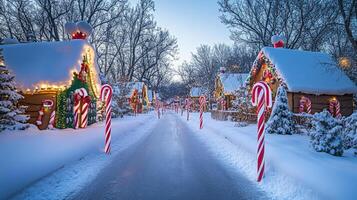 Snowy Christmas Lane with Candy Cane Decorations photo
